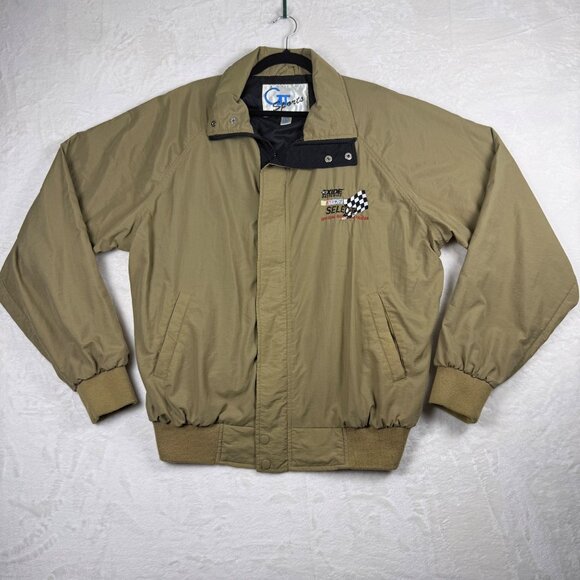 Racing Bomber Jacket Tan Size Large NASCAR Select Embroidered Vintage - Picture 1 of 9